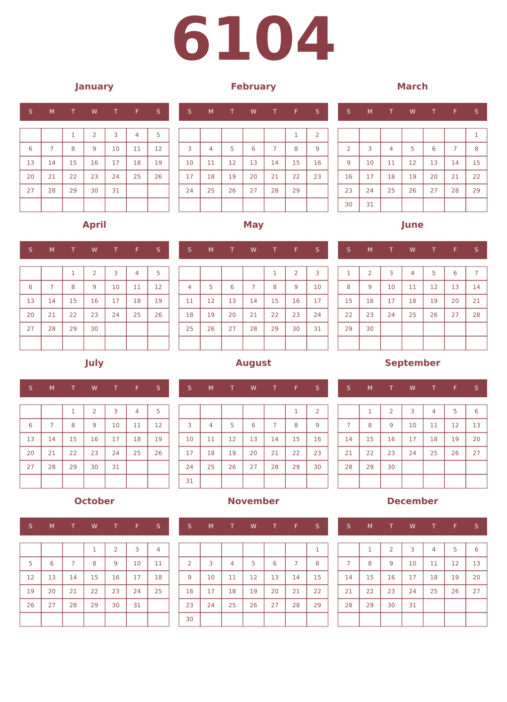 Printable 6104 Year Calendars cordovan