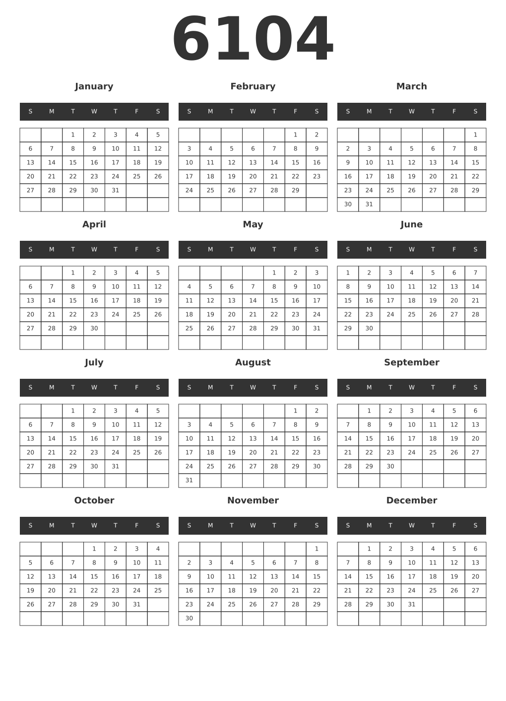 Printable 6104 Year Calendars dark