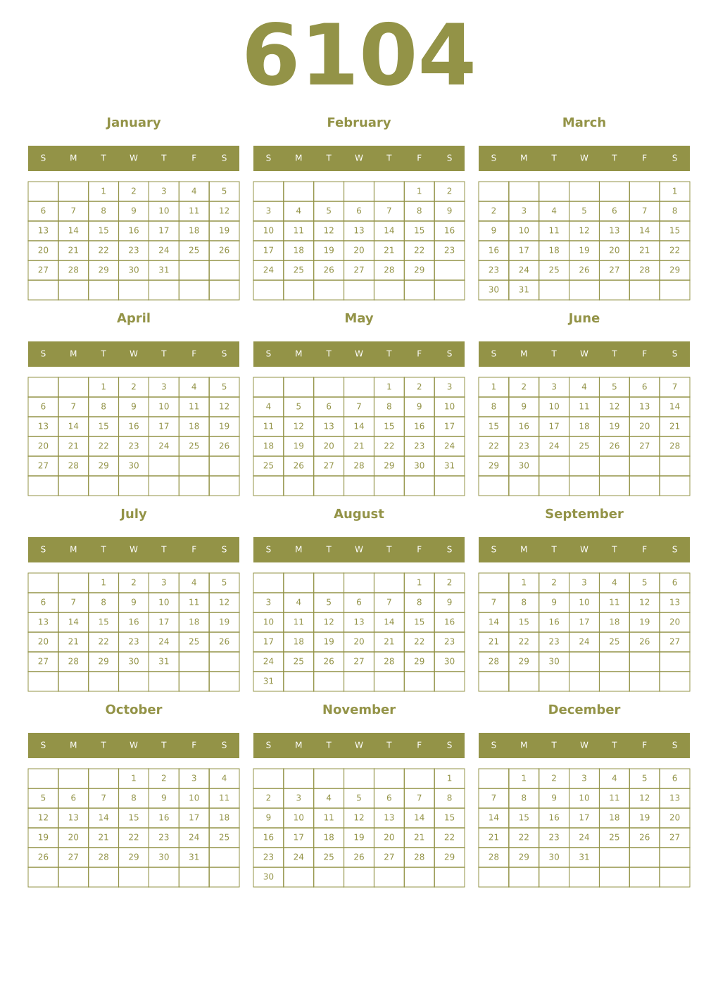 Printable 6104 Year Calendars eburnean