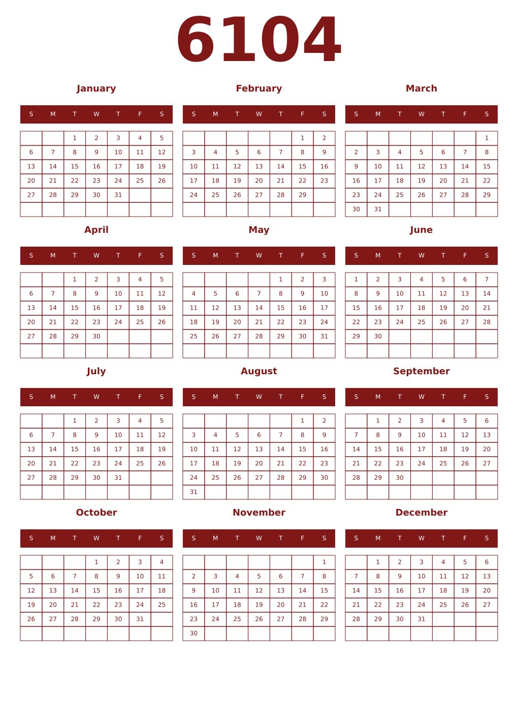 Printable 6104 Year Calendars falu
