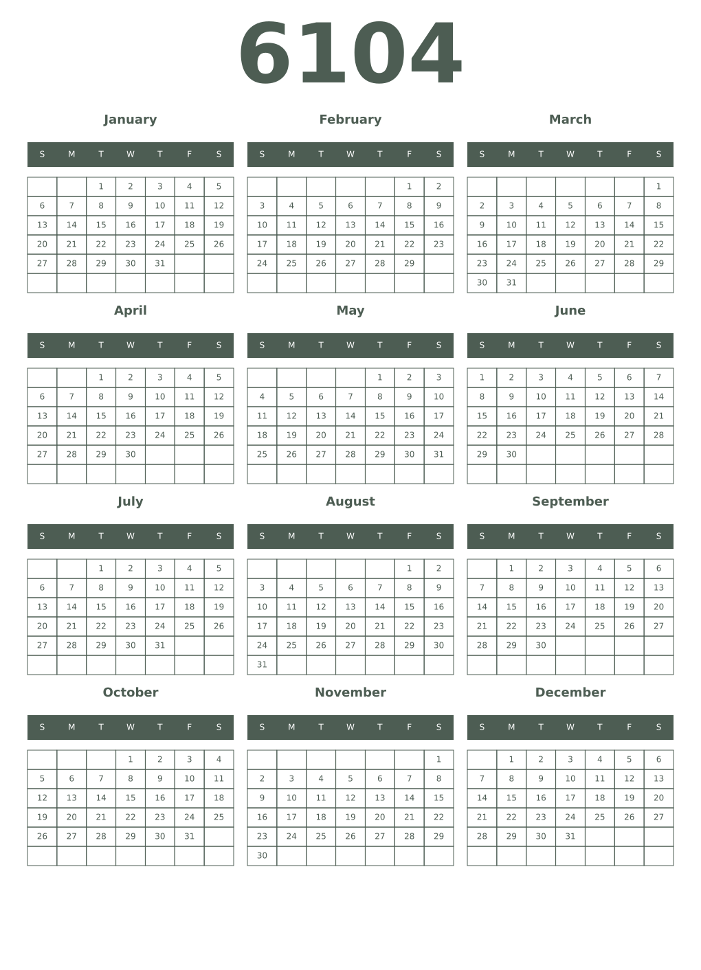Printable 6104 Year Calendars feldgrau