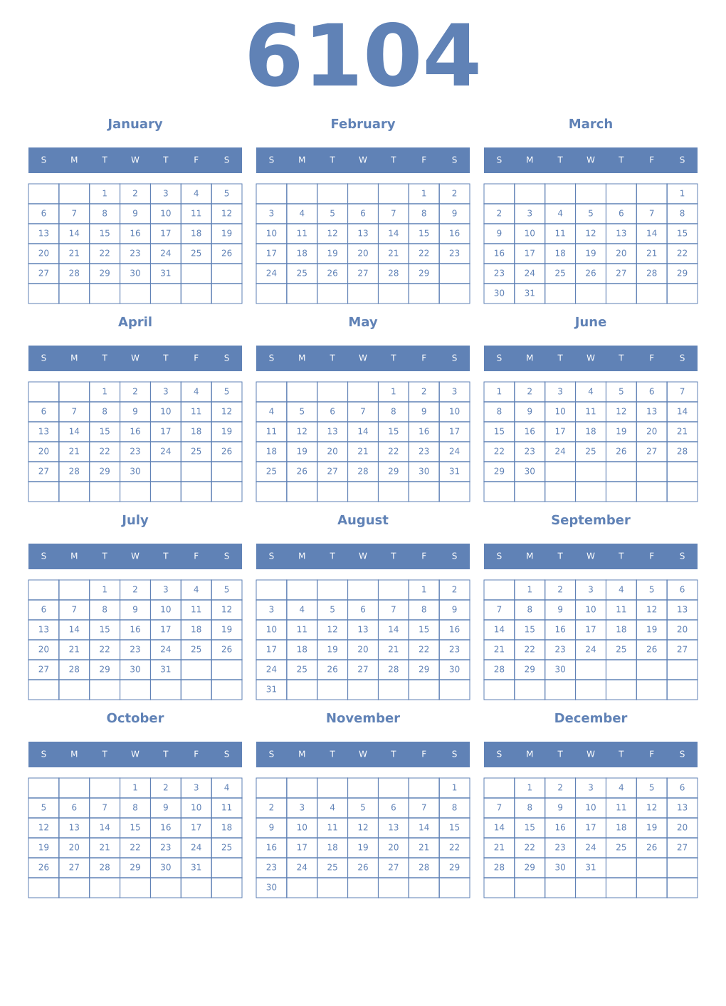 Printable 6104 Year Calendars glaucous