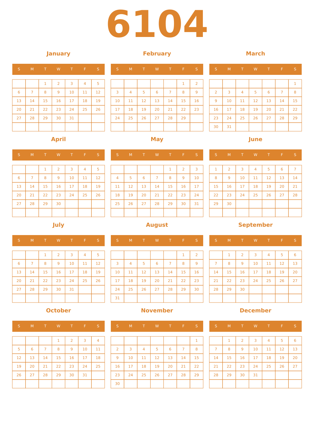 Printable 6104 Year Calendars orange