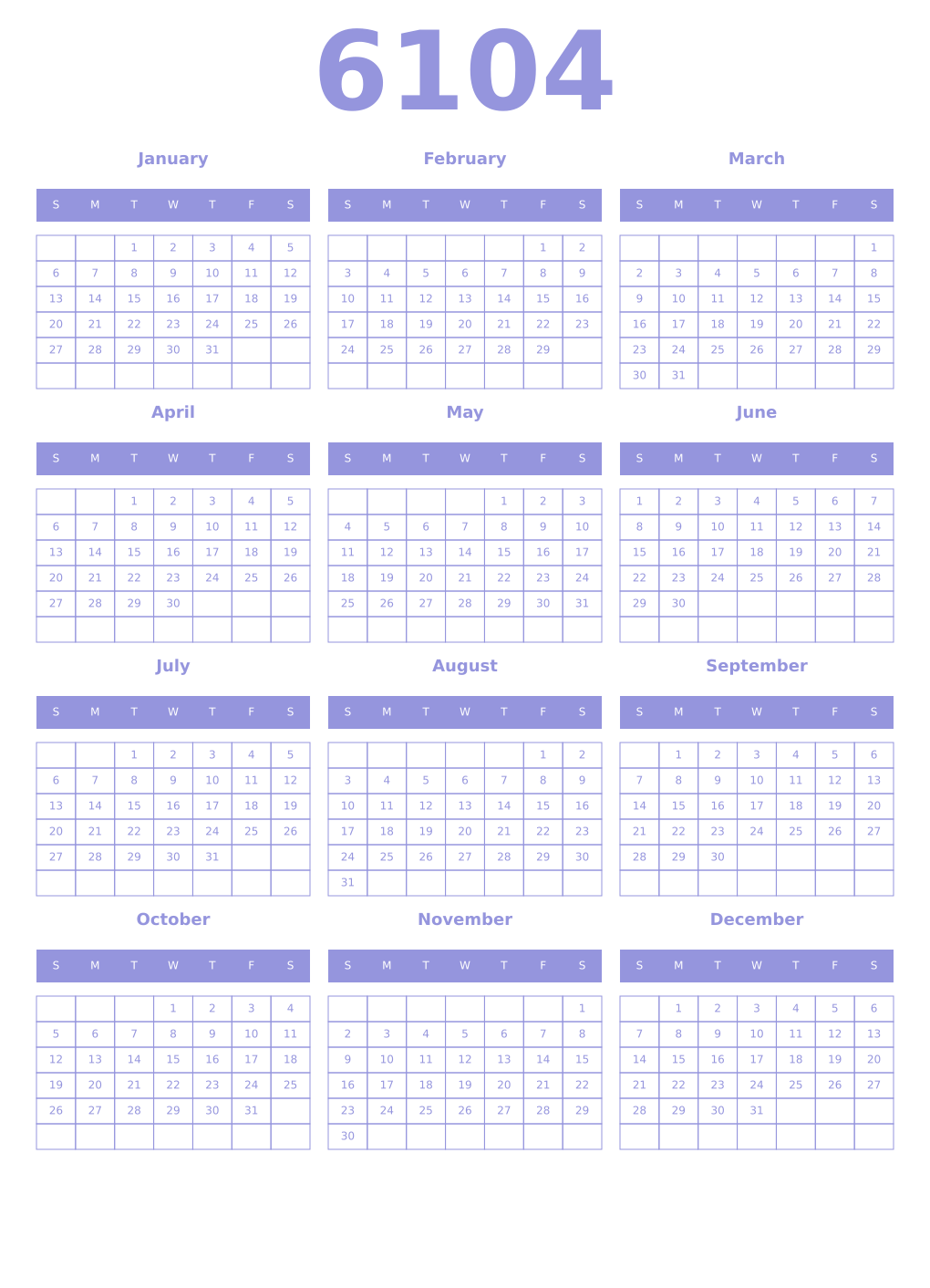 Printable 6104 Year Calendars periwinkle