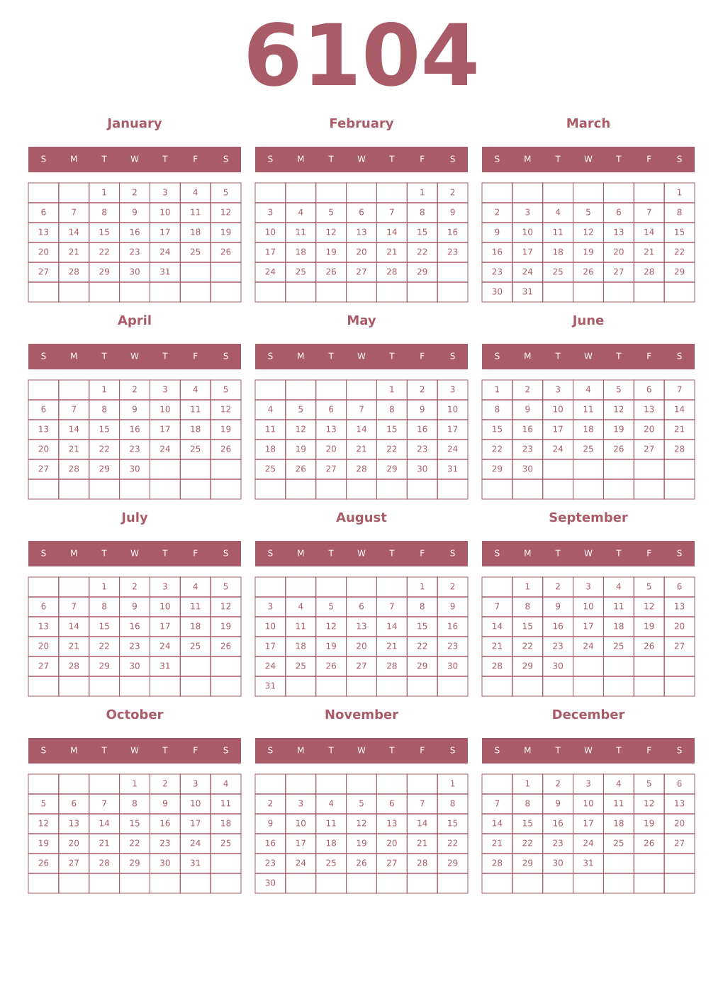 Printable 6104 Year Calendars puce