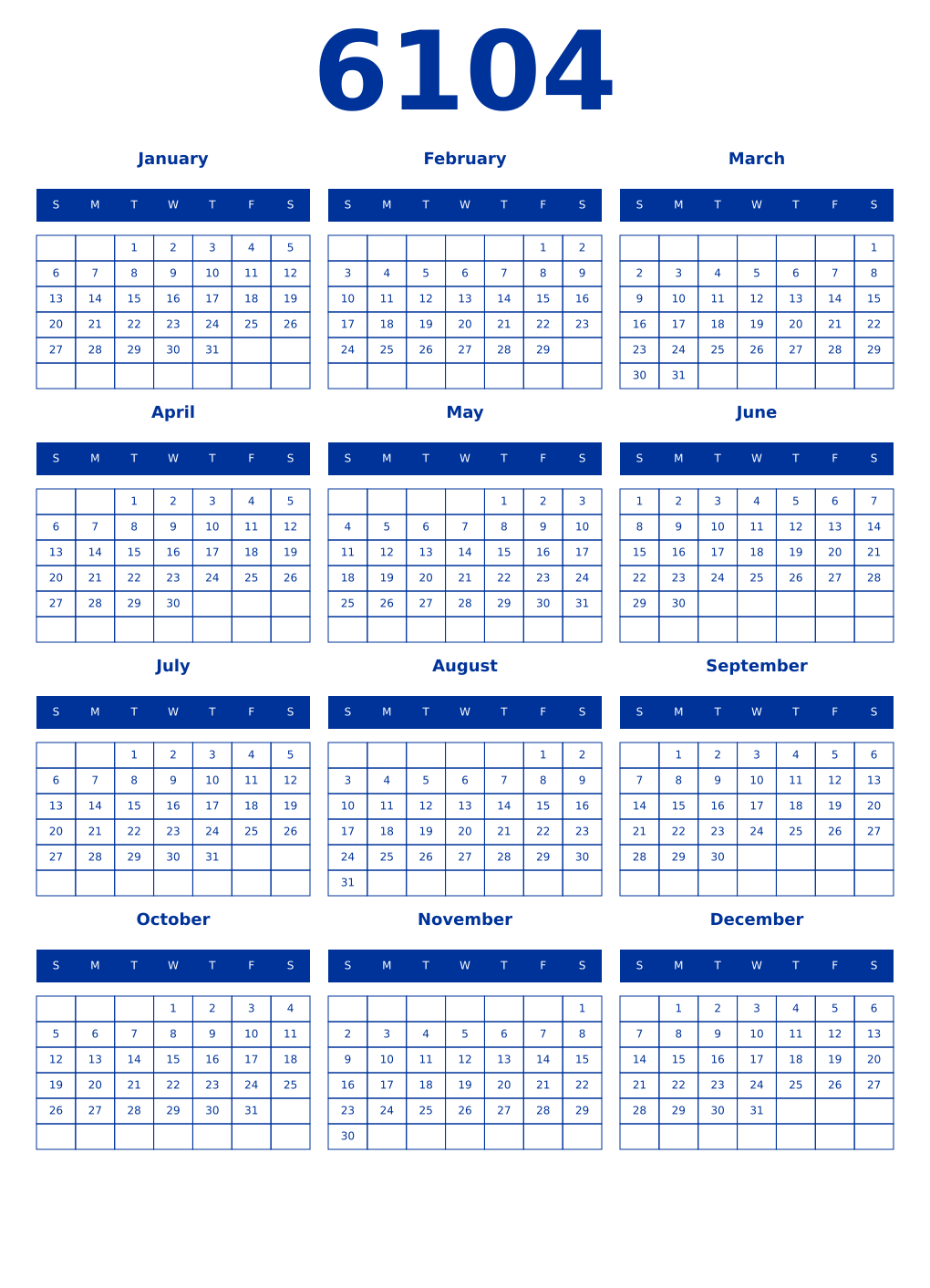 Printable 6104 Year Calendars smalt
