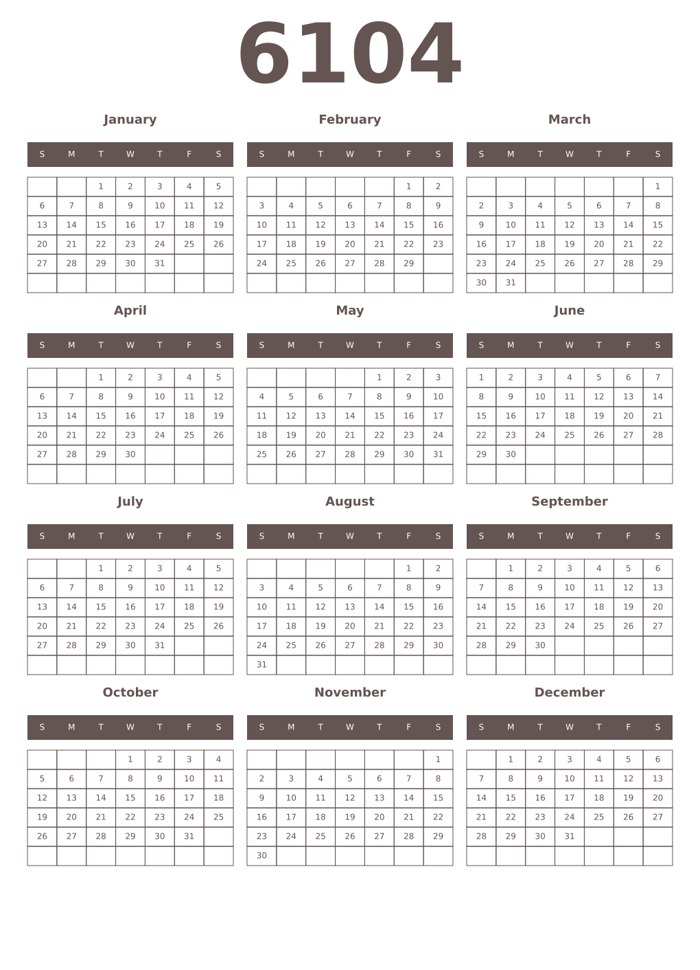 Printable 6104 Year Calendars wenge