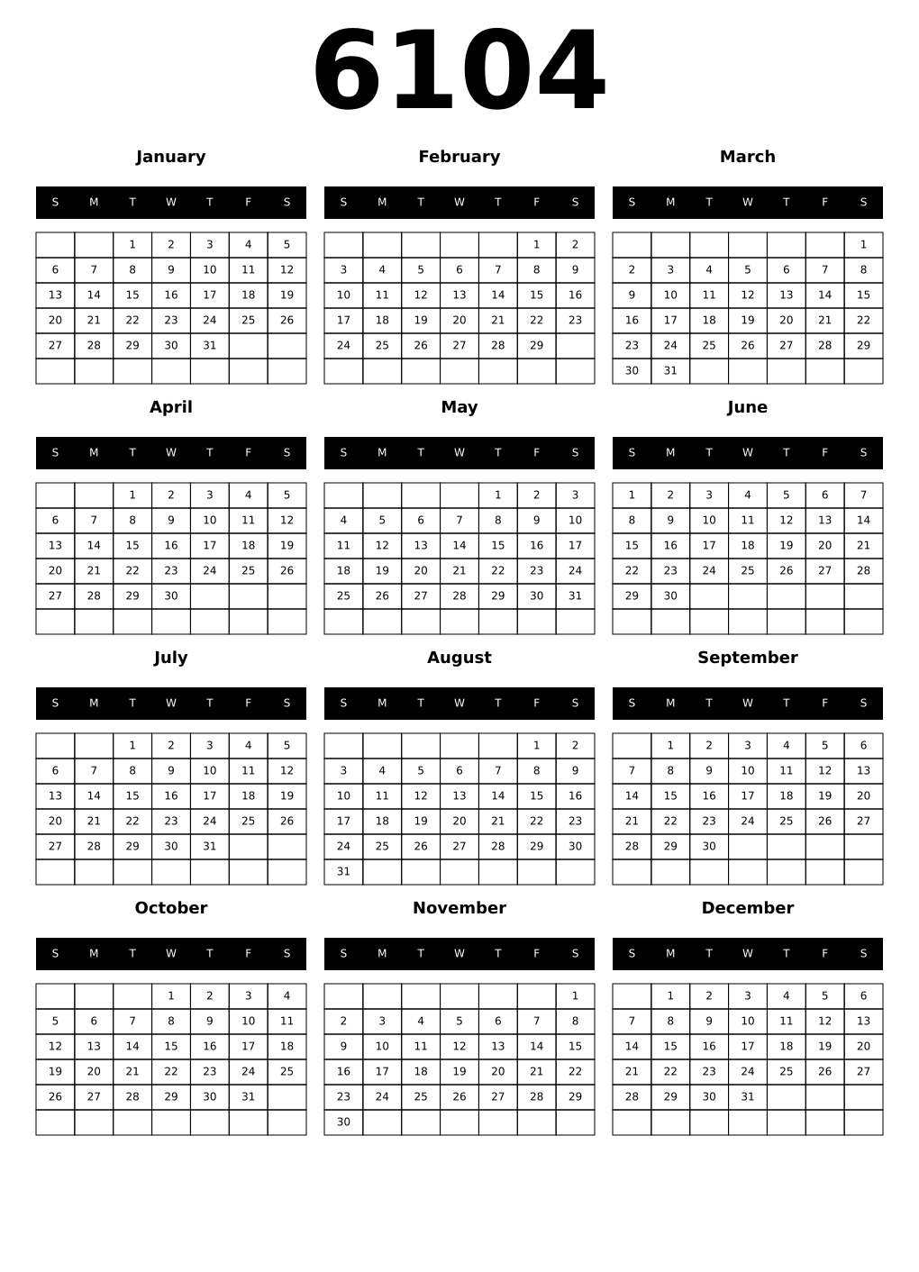Printable 6104 Calendars