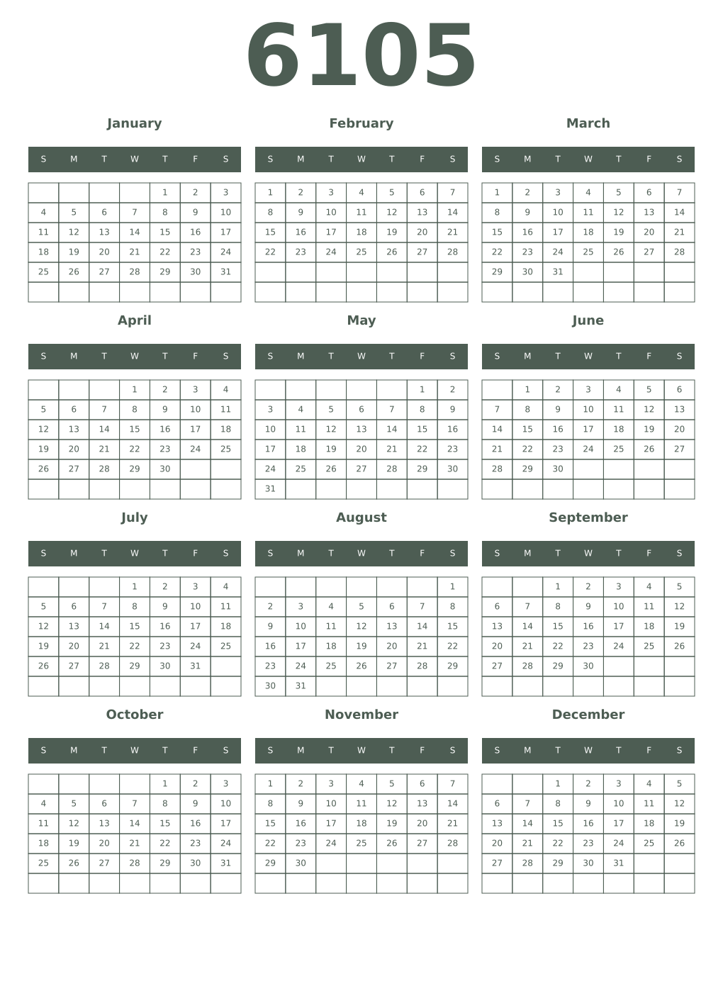 Printable 6105 Year Calendars feldgrau