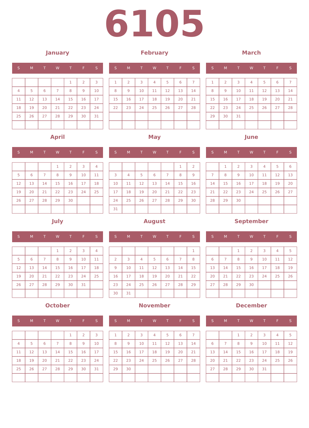 Printable 6105 Year Calendars puce