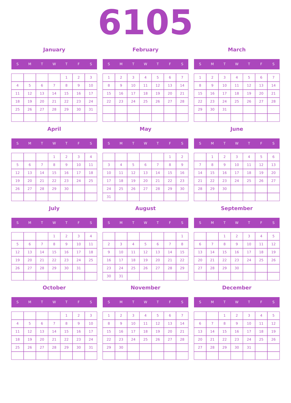 Printable 6105 Year Calendars purple