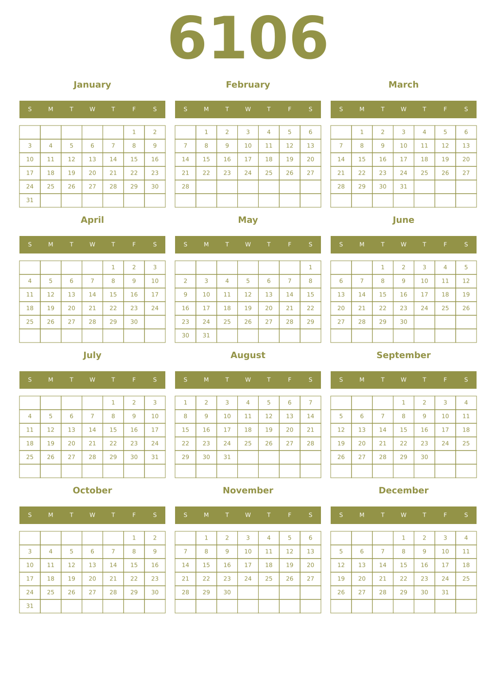 Printable 6106 Year Calendars eburnean