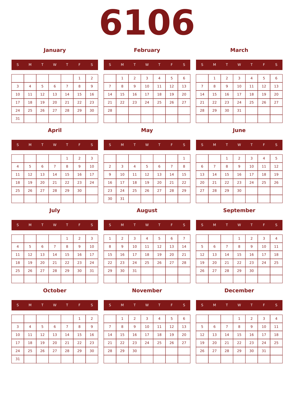 Printable 6106 Year Calendars falu