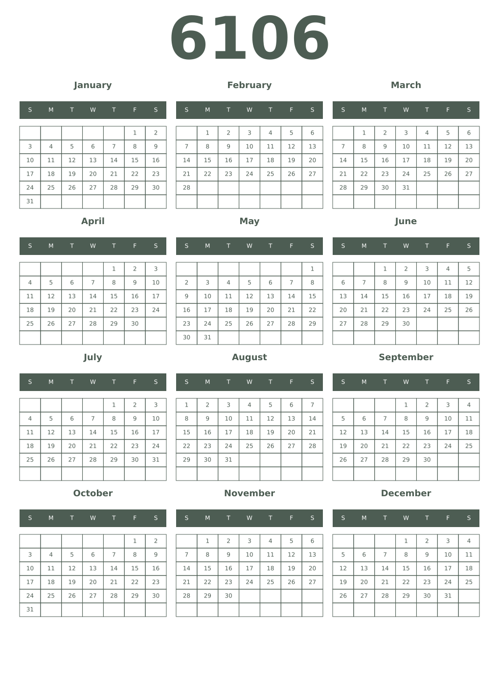 Printable 6106 Year Calendars feldgrau