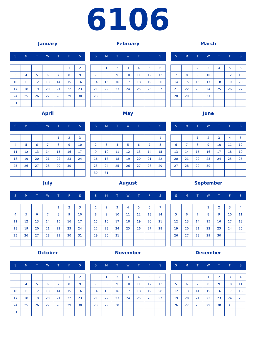 Printable 6106 Year Calendars smalt