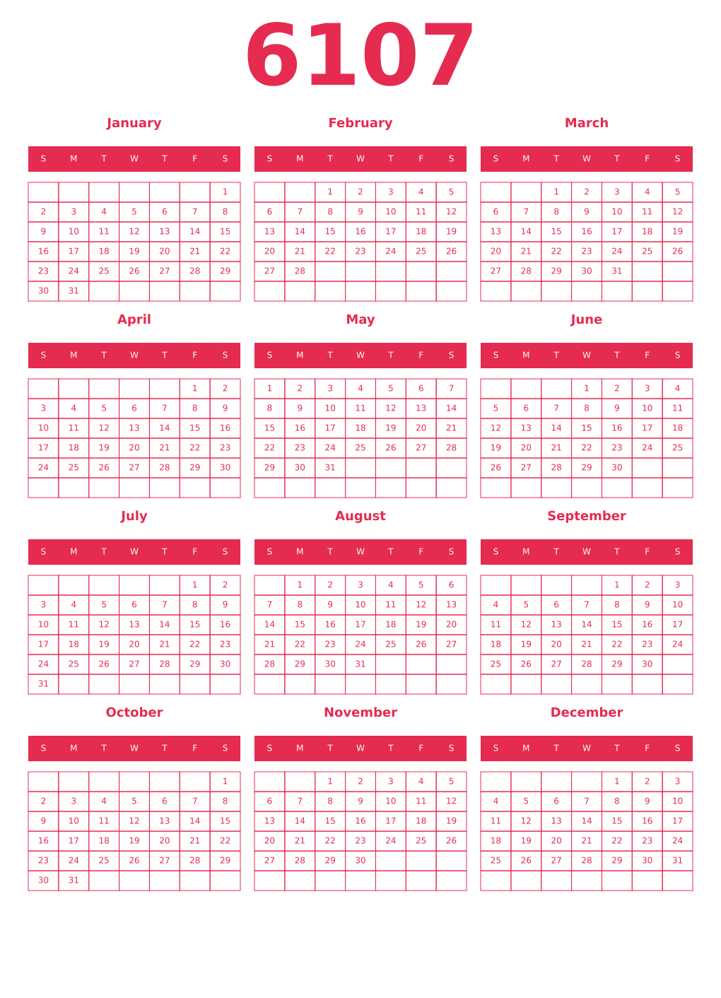 Printable 6107 Year Calendars amaranth