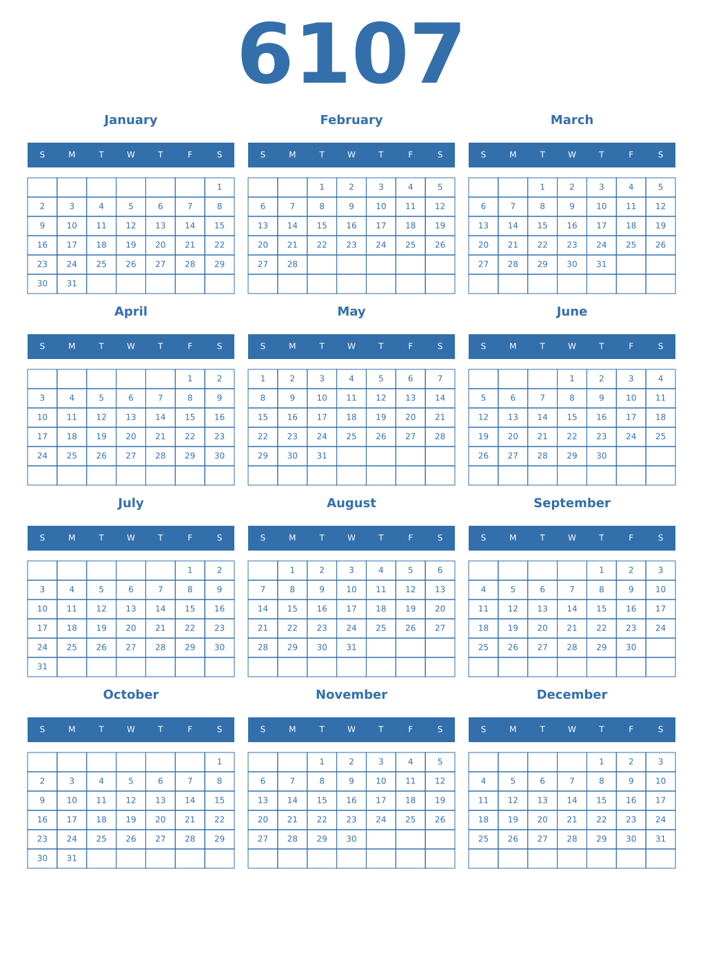 Printable 6107 Year Calendars blue