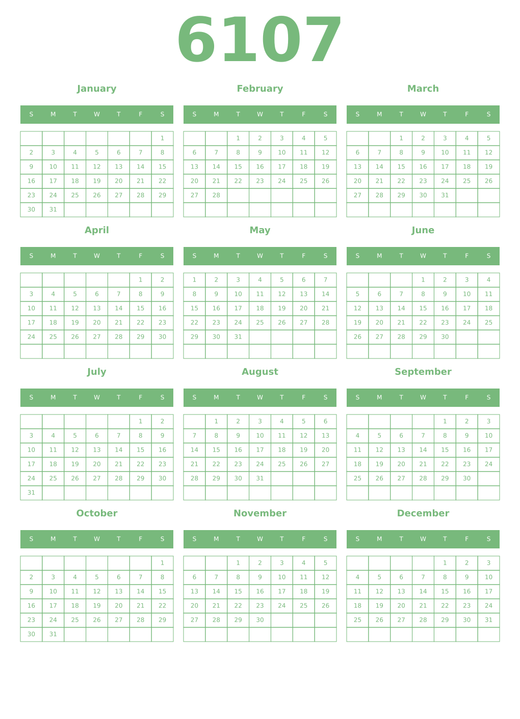 Printable 6107 Year Calendars celadon