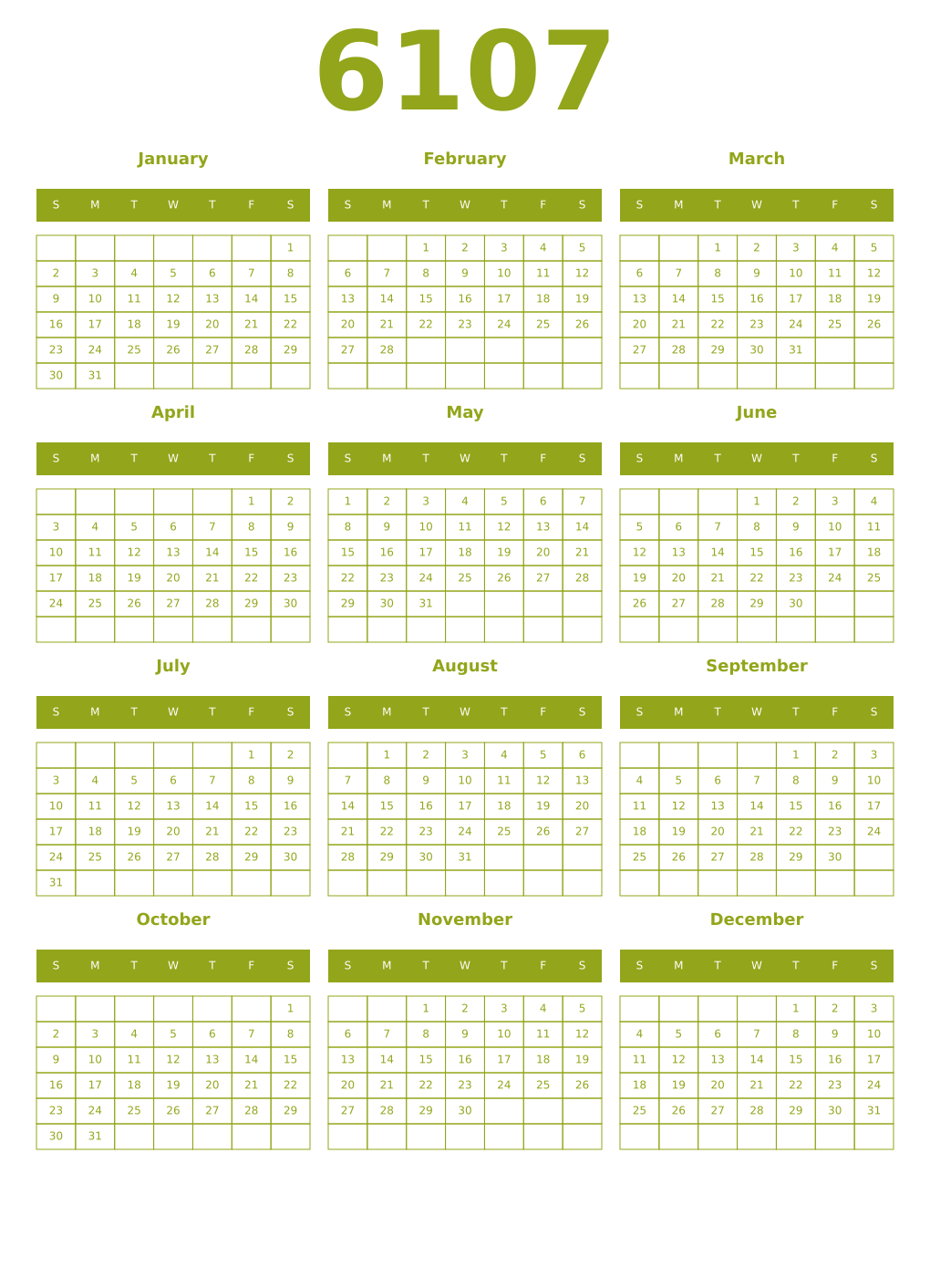Printable 6107 Year Calendars chartreuse