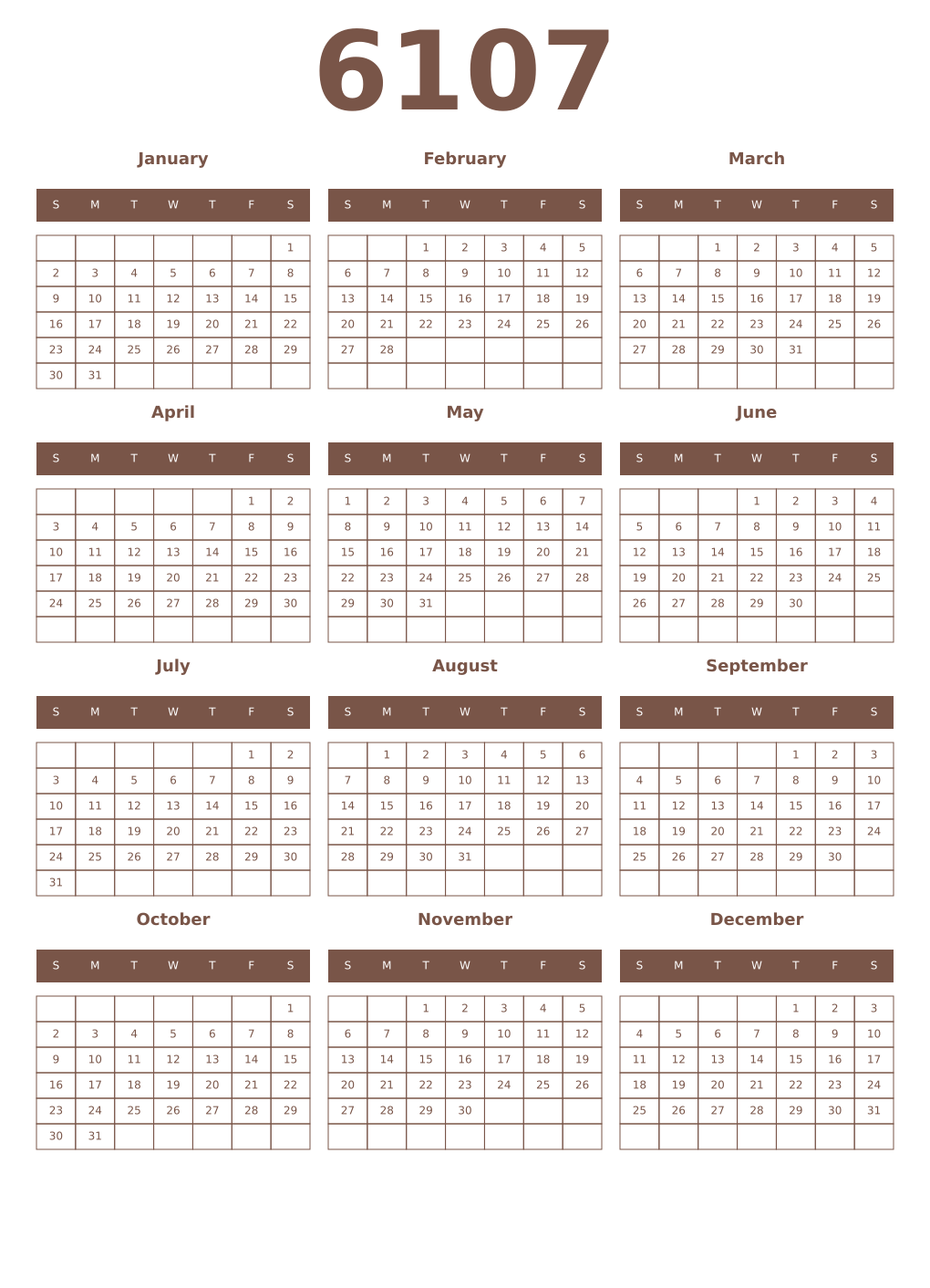 Printable 6107 Year Calendars coffe