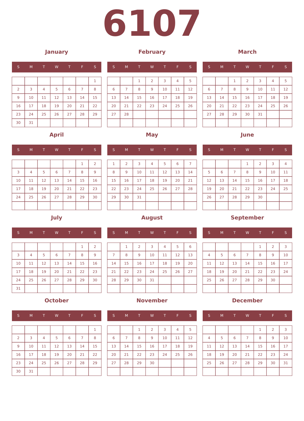 Printable 6107 Year Calendars cordovan