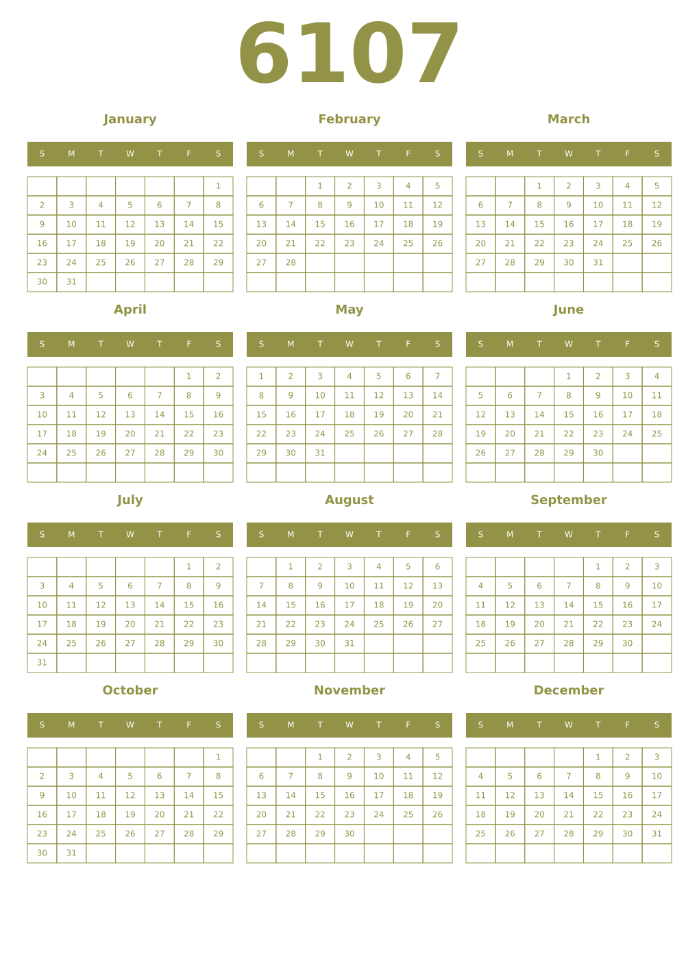 Printable 6107 Year Calendars eburnean