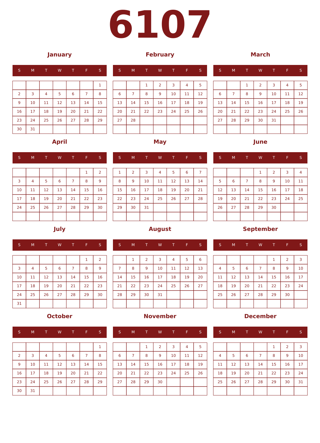 Printable 6107 Year Calendars falu