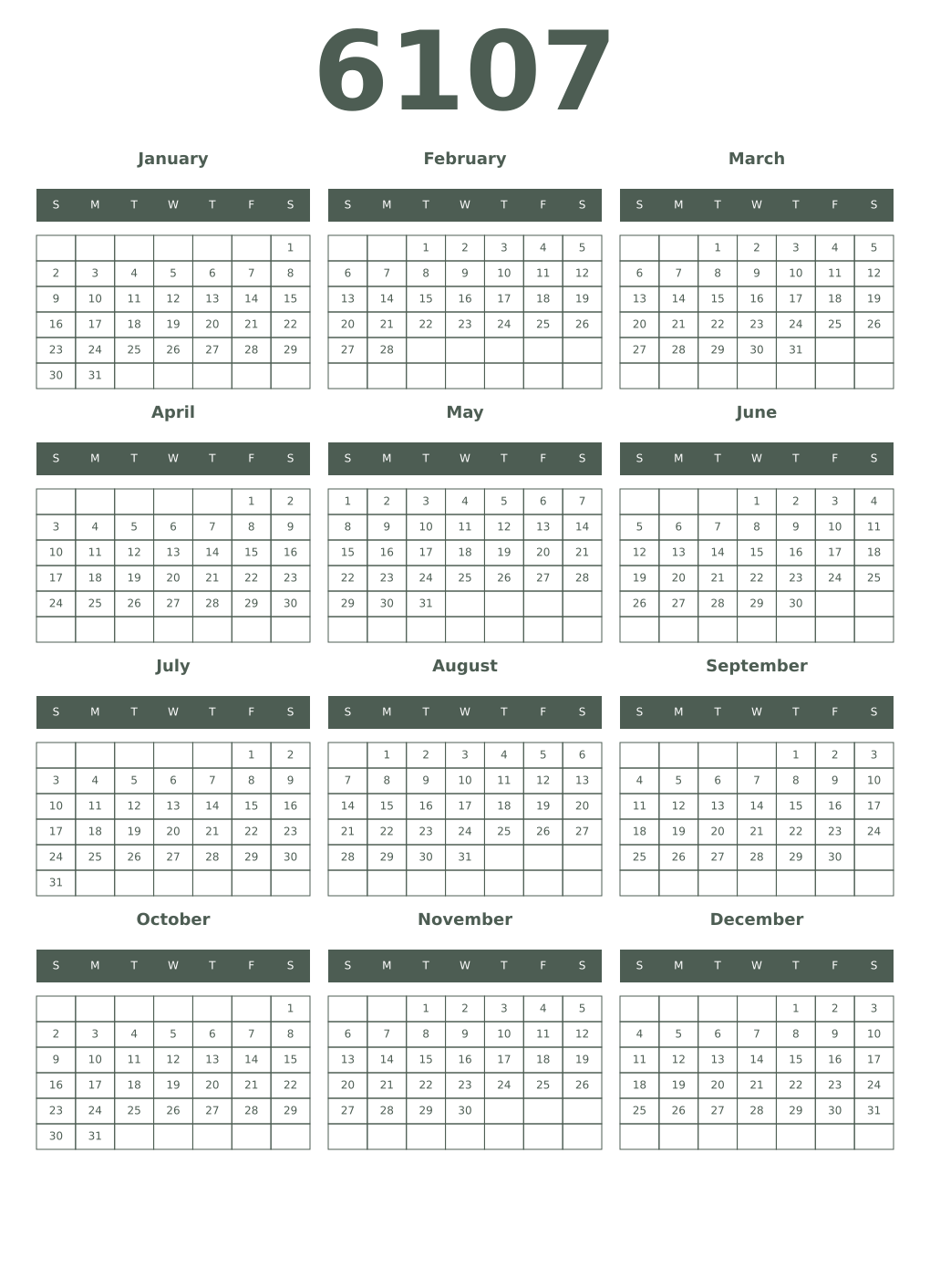 Printable 6107 Year Calendars feldgrau