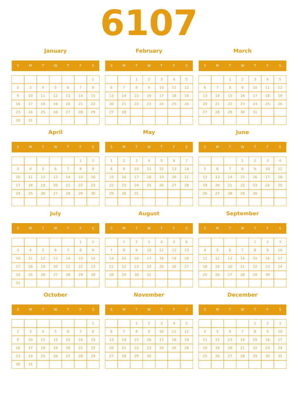 Printable 6107 Year Calendars gamboge