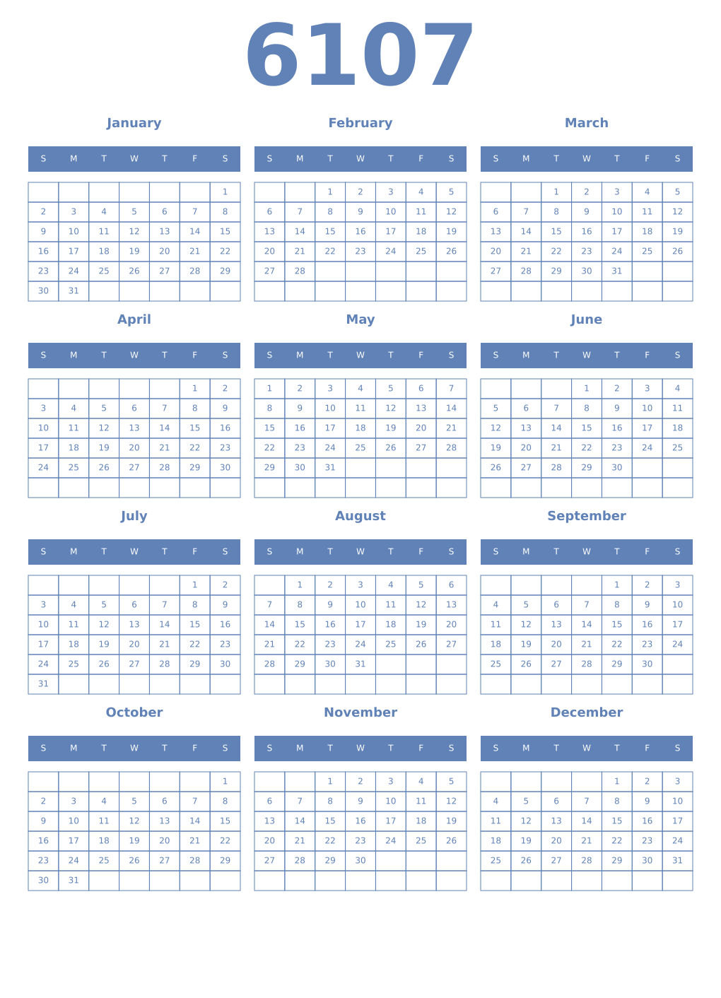 Printable 6107 Year Calendars glaucous