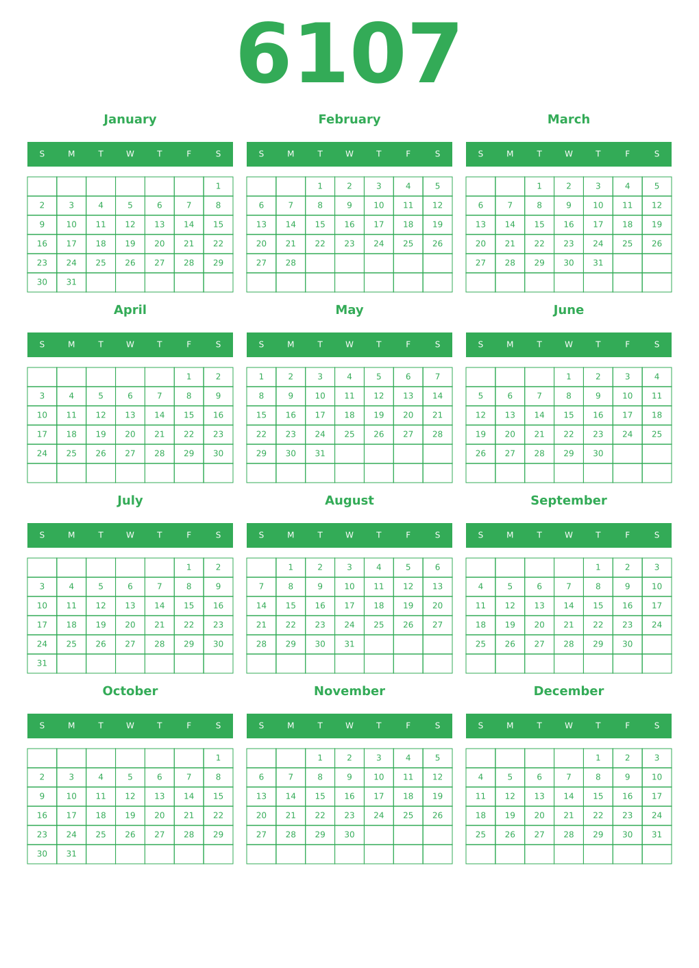 Printable 6107 Year Calendars green