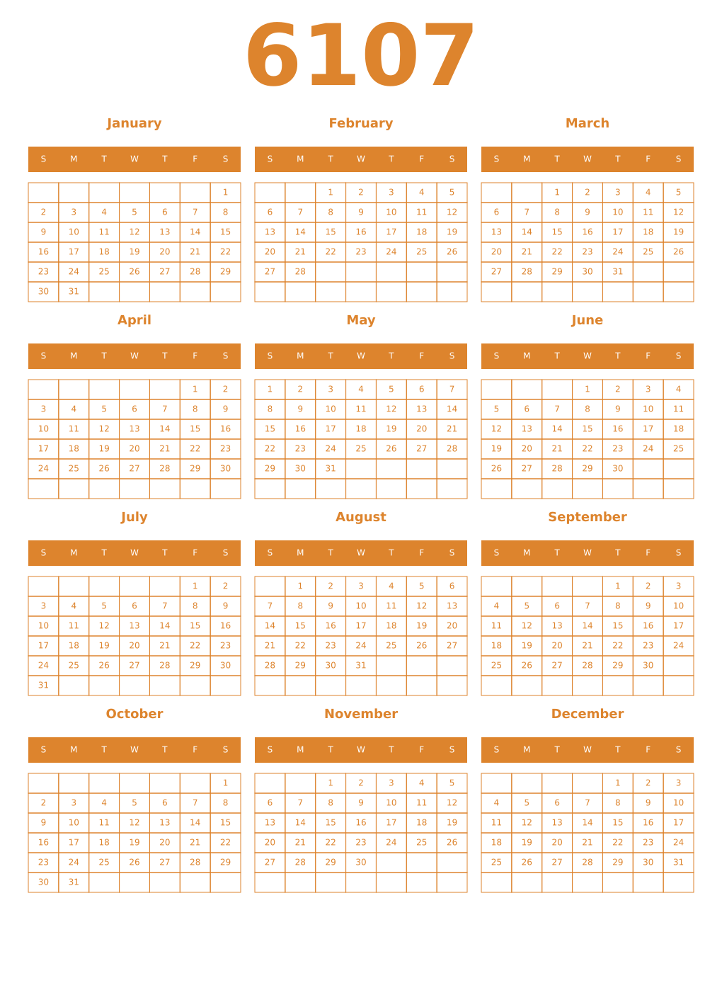 Printable 6107 Year Calendars orange