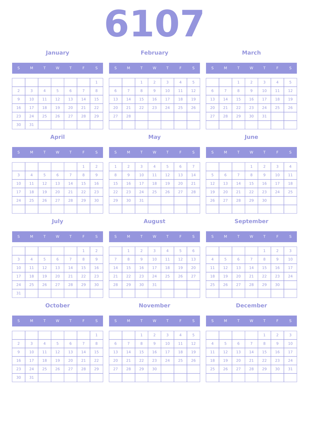 Printable 6107 Year Calendars periwinkle
