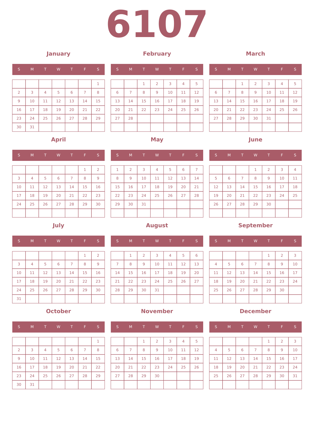 Printable 6107 Year Calendars puce