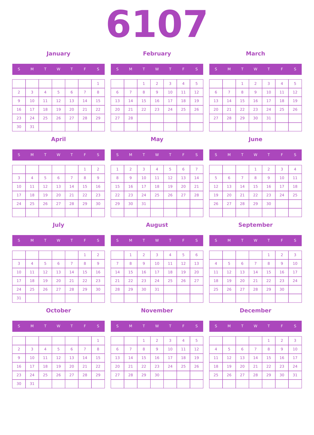 Printable 6107 Year Calendars purple