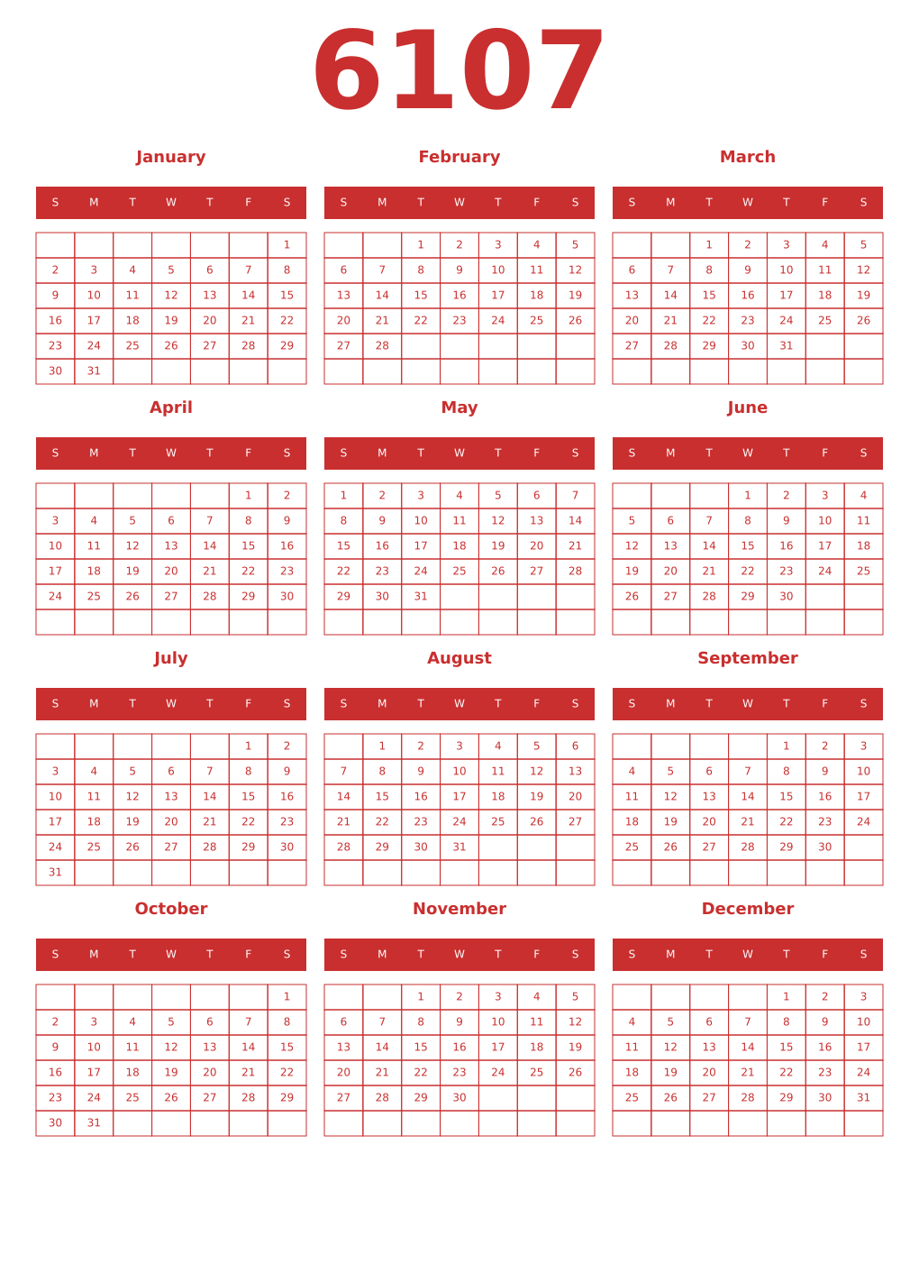 Printable 6107 Year Calendars red