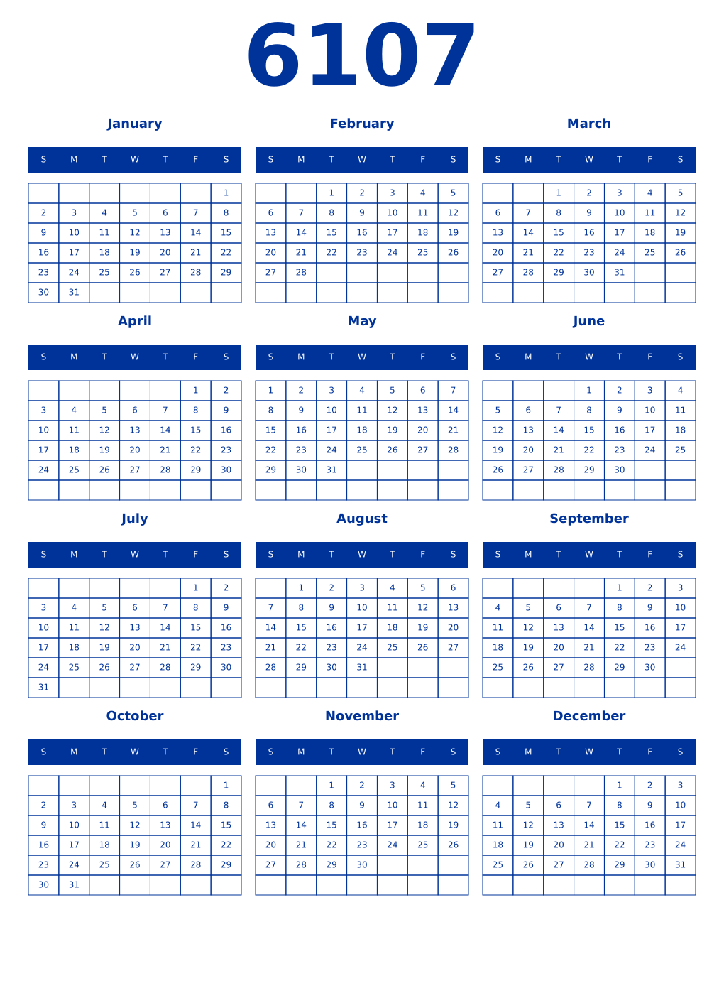 Printable 6107 Year Calendars smalt