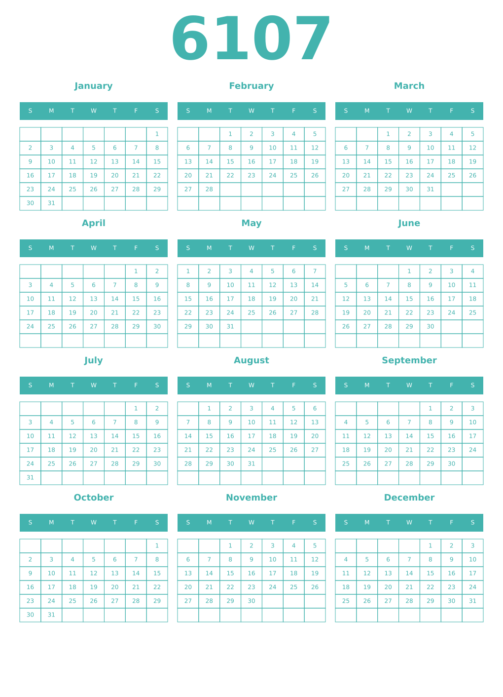Printable 6107 Year Calendars verdigris