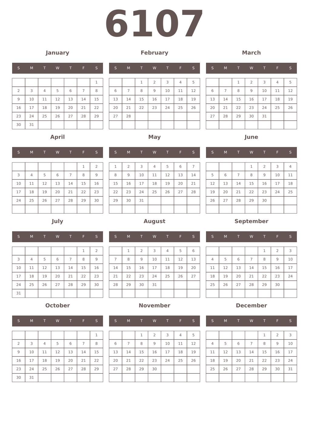 Printable 6107 Year Calendars wenge