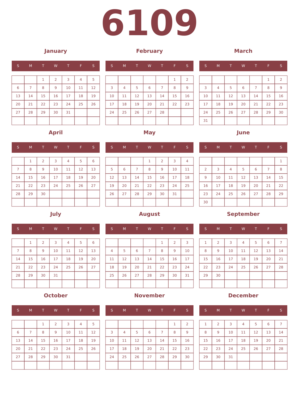 Printable 6109 Year Calendars cordovan