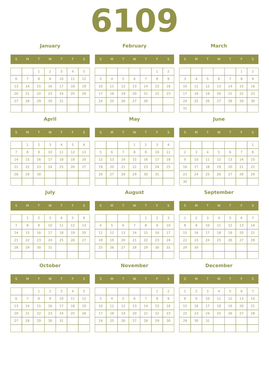 Printable 6109 Year Calendars eburnean