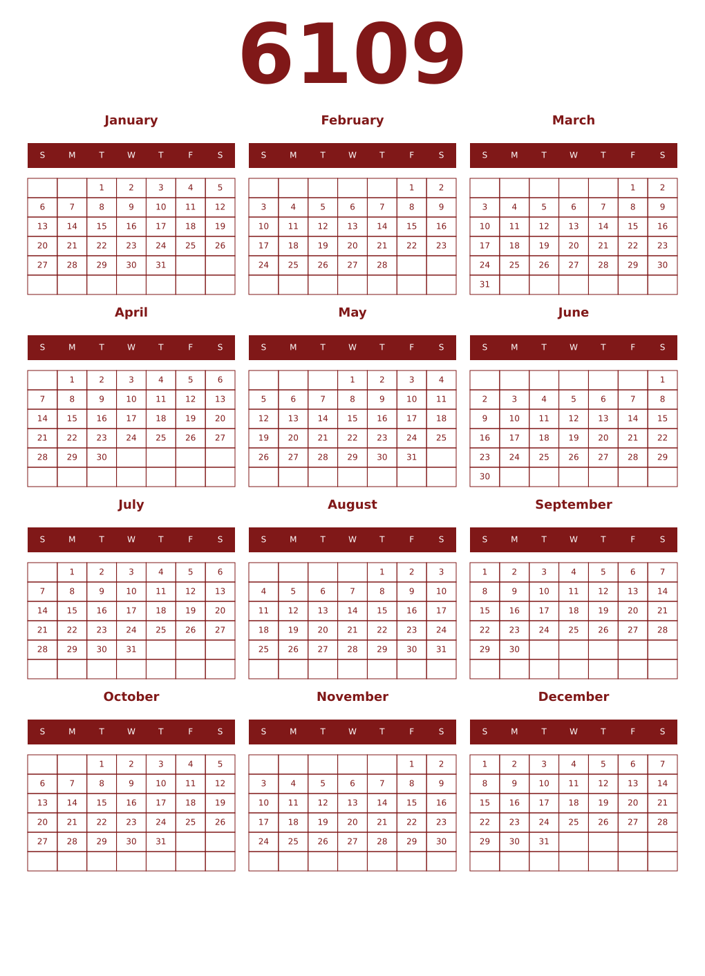 Printable 6109 Year Calendars falu