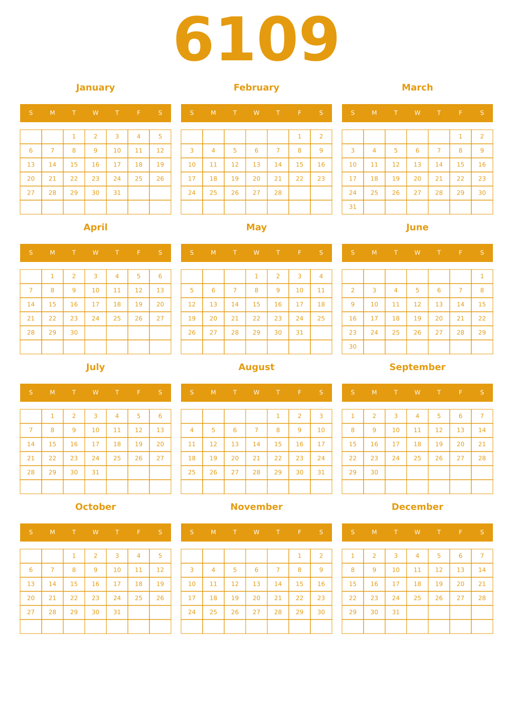 Printable 6109 Year Calendars gamboge