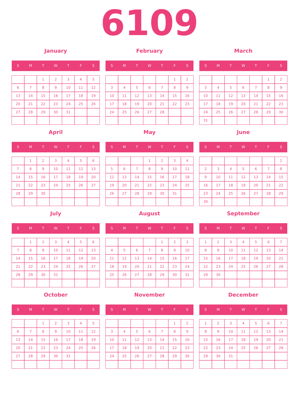 Printable 6109 Year Calendars pink