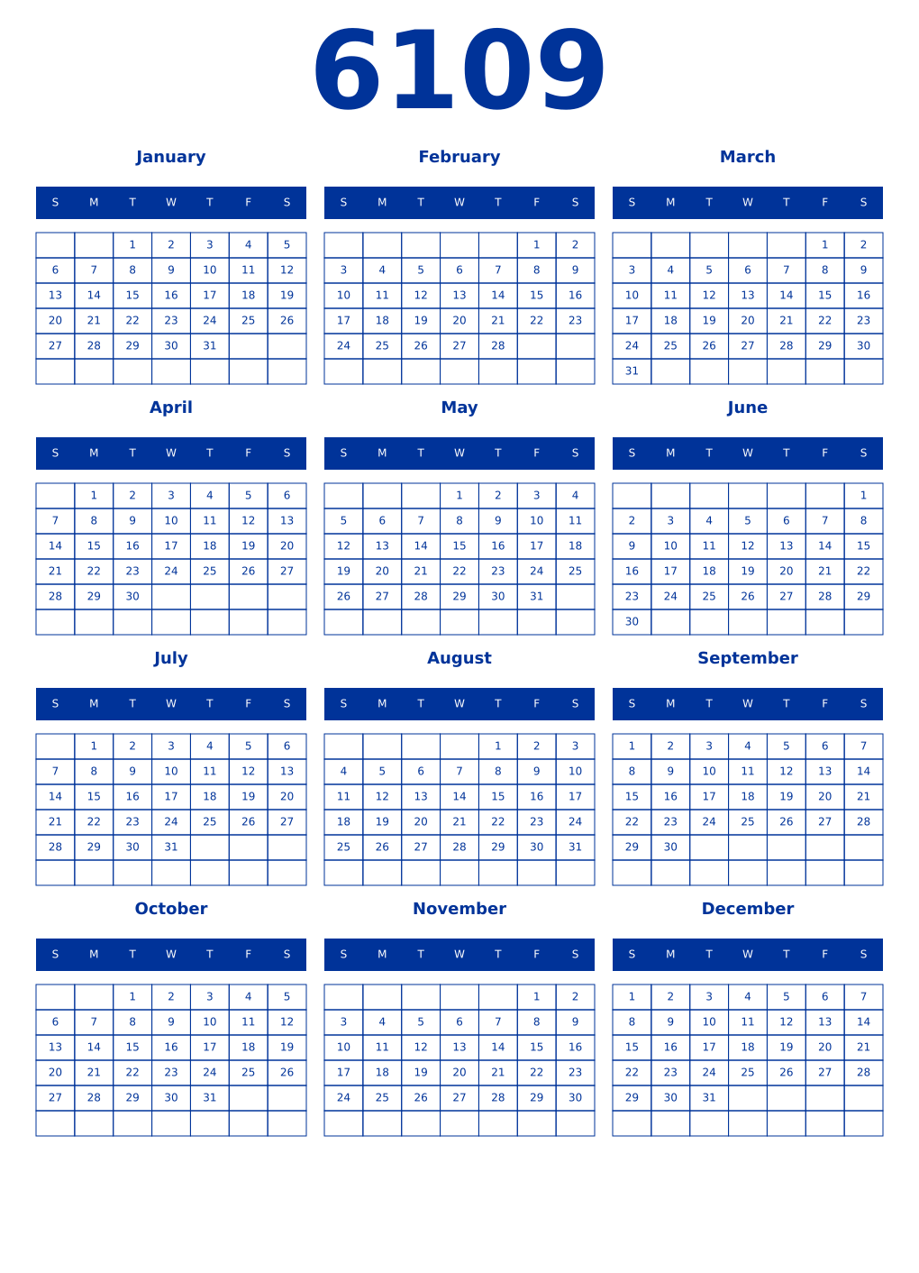 Printable 6109 Year Calendars smalt