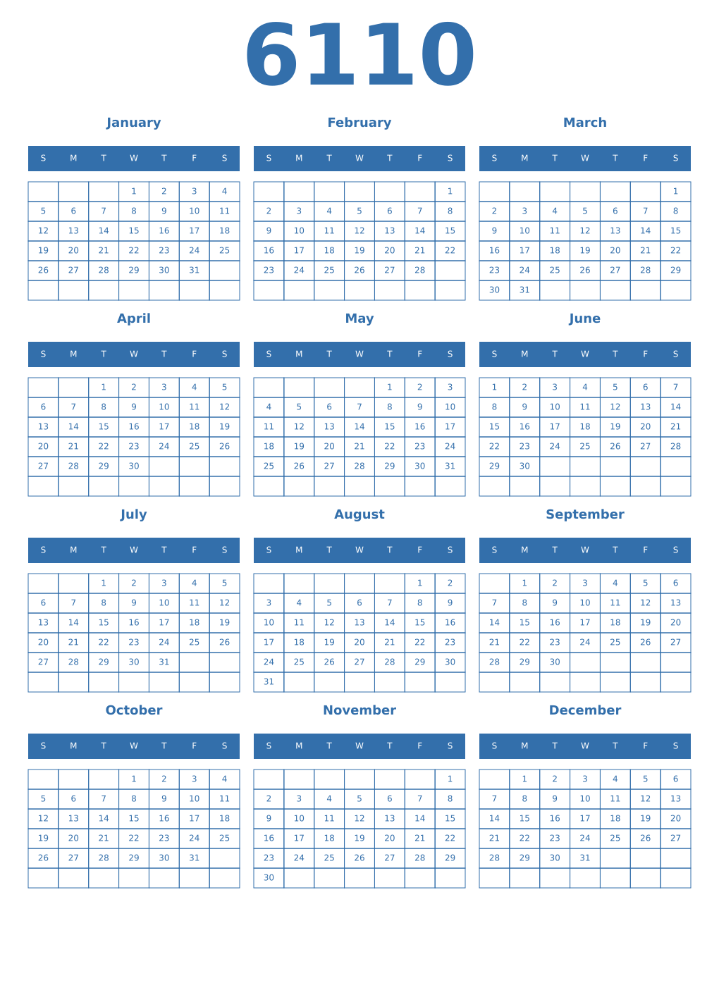 Printable 6110 Year Calendars blue