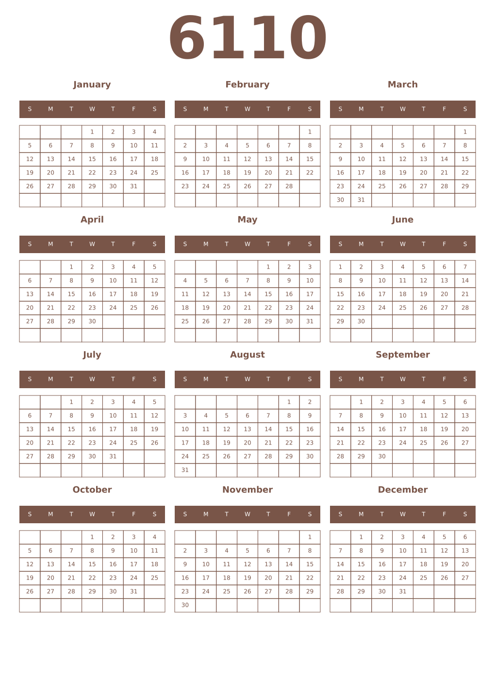 Printable 6110 Year Calendars coffe
