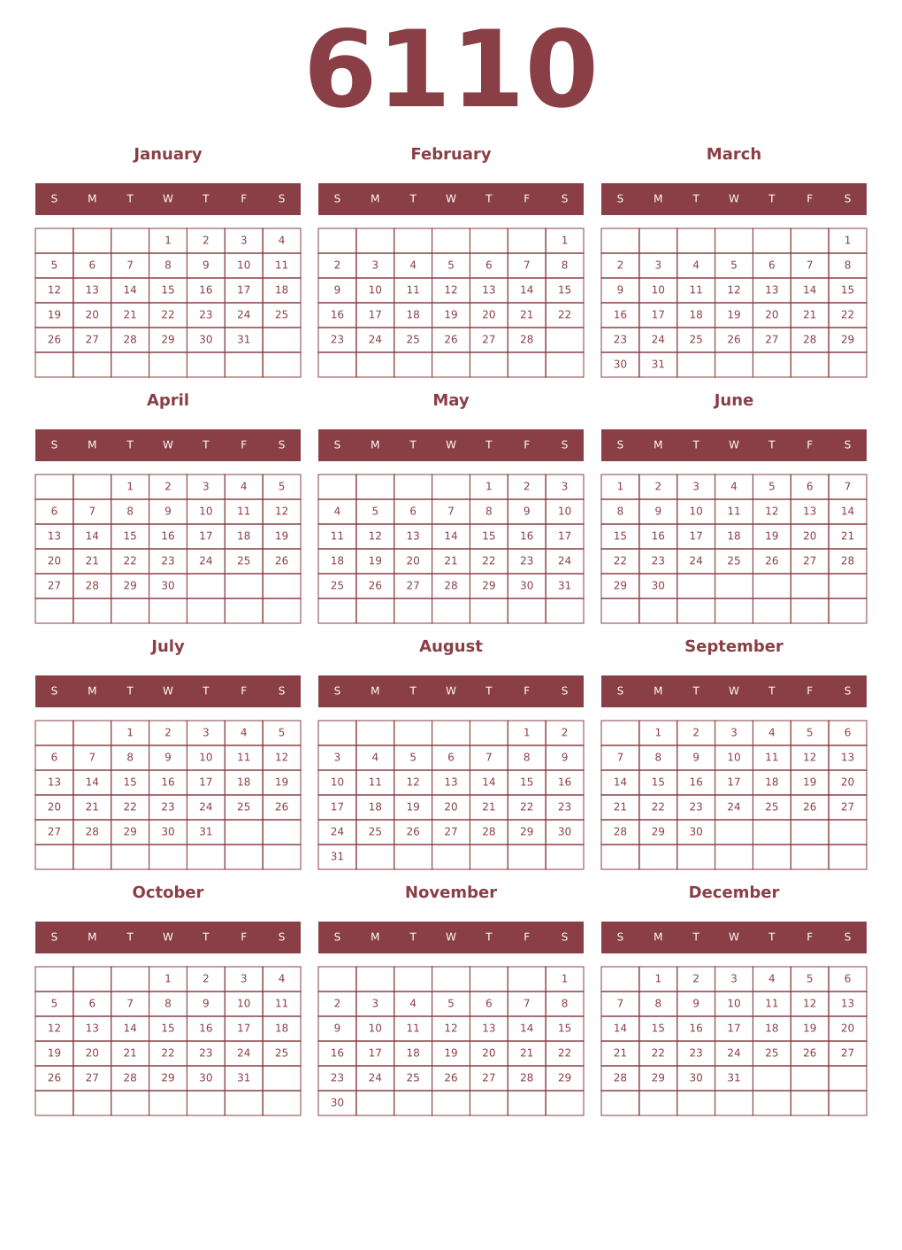 Printable 6110 Year Calendars cordovan