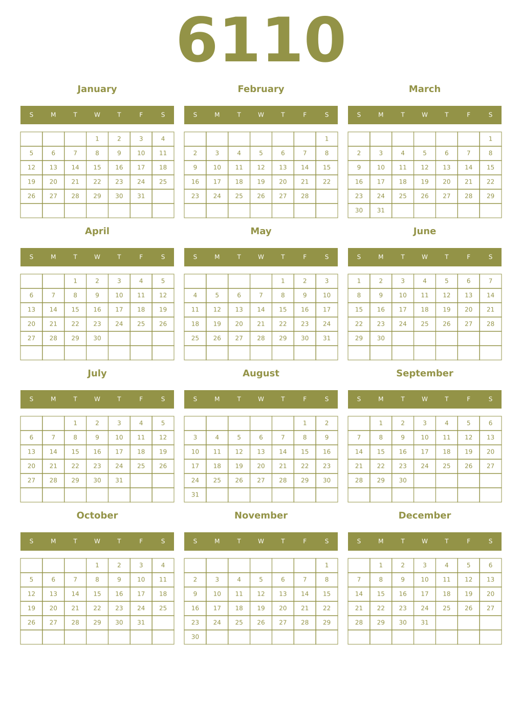 Printable 6110 Year Calendars eburnean