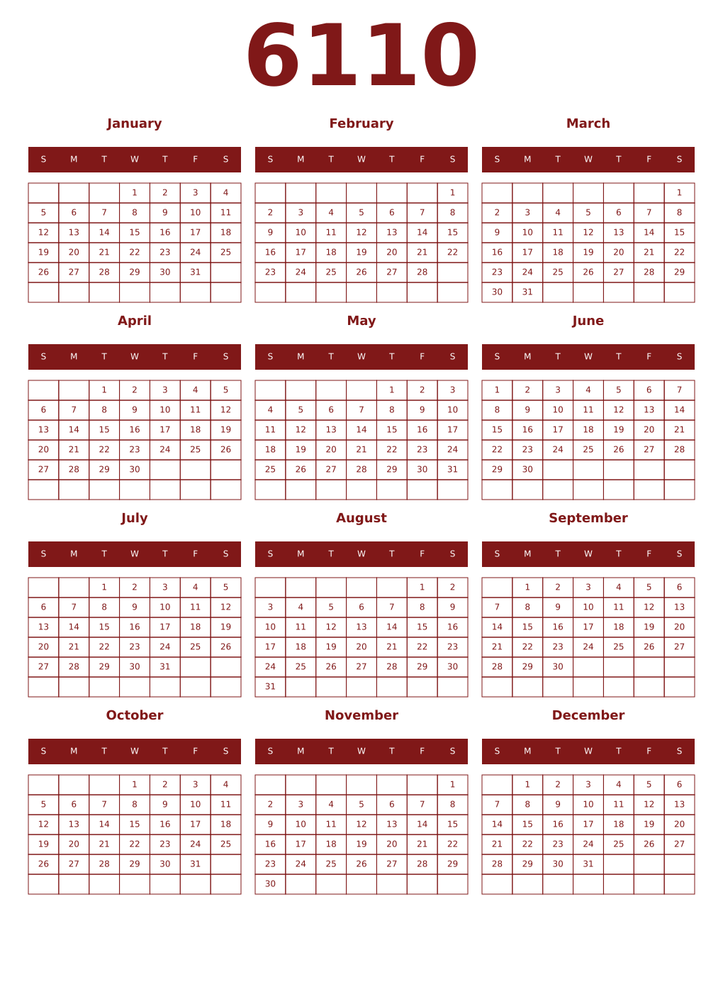 Printable 6110 Year Calendars falu